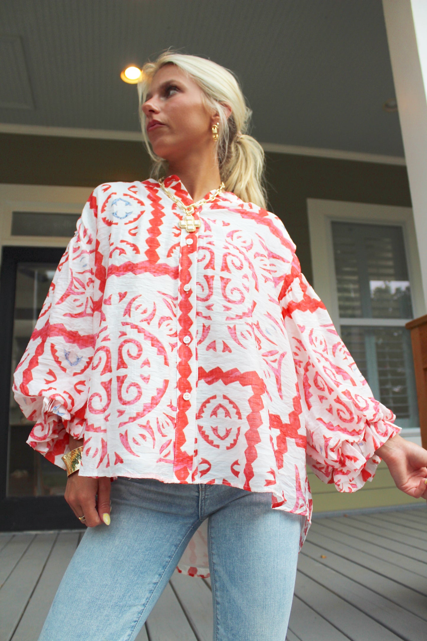 Aztec Printed Bubble Sleeve Top