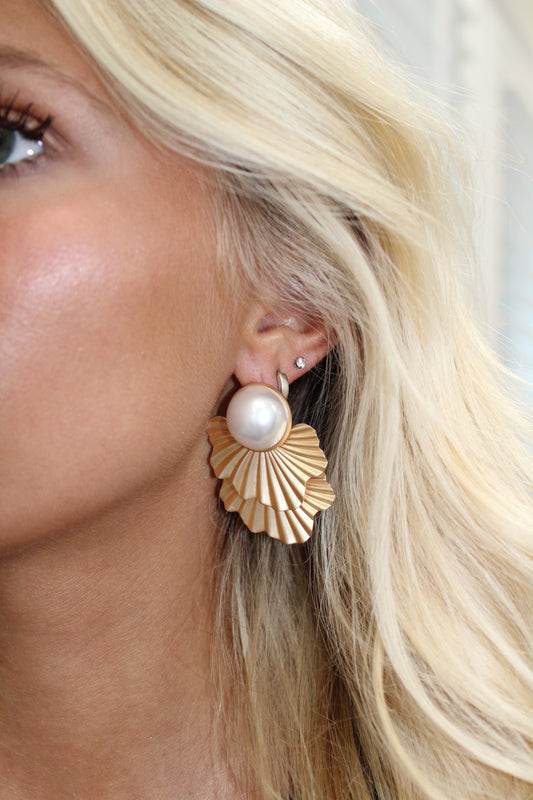 Gold Pearl Pleated Earrings