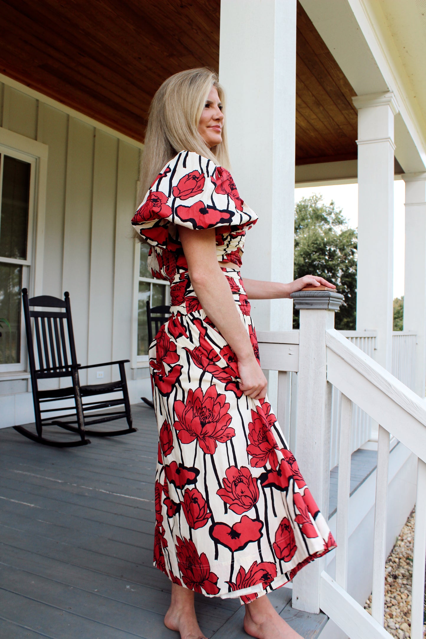 Ruched Printed Puff Sleeve Top